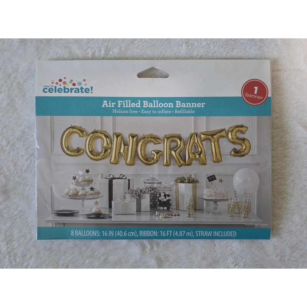 Way To Celebrate Gold CONGRATS Air Filled Grad Birthday Party Balloon Banner